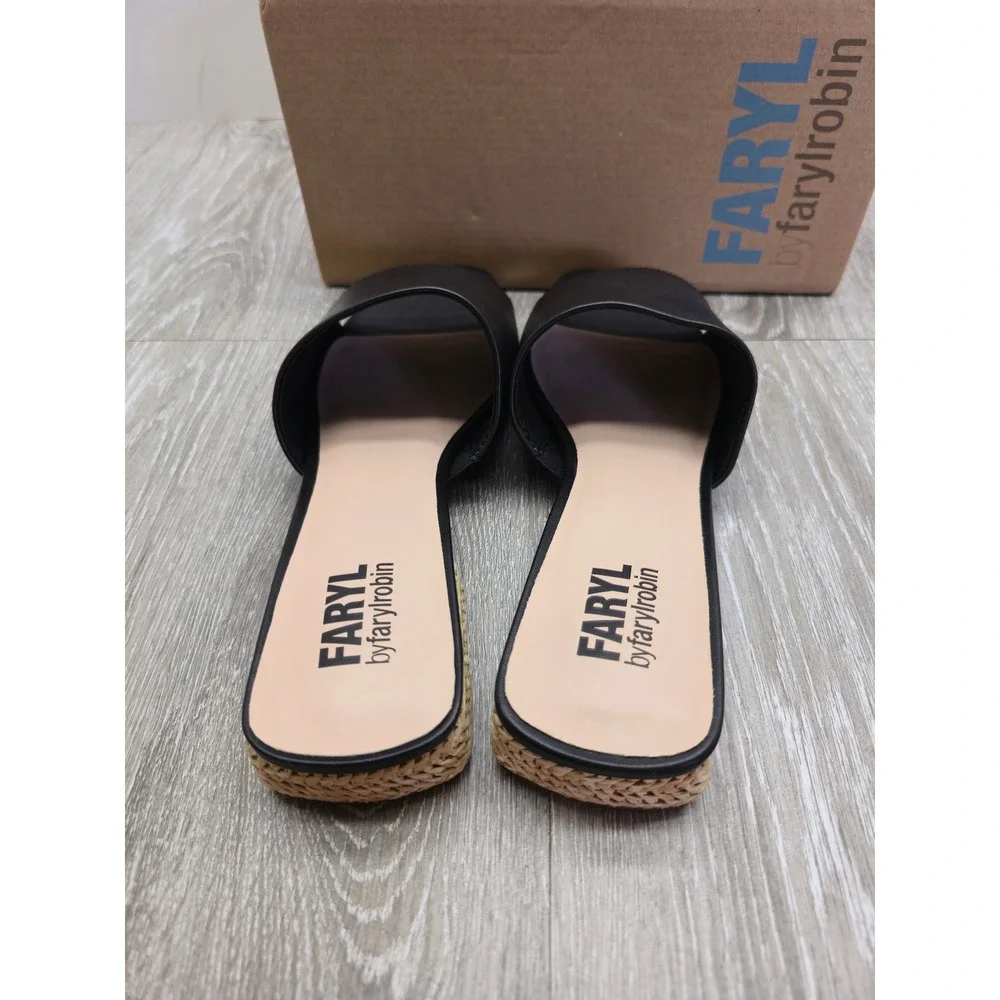Faryl by Farylrobin Dahlia Black Leather Square Toe Raffia Block Heel Sandals 9M